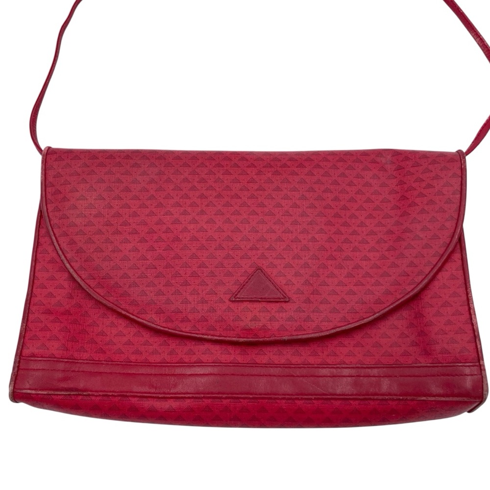 Vintage 1984 Liz Claiborne Red Leather Flap Bag Purse Geometric Print Adjustable